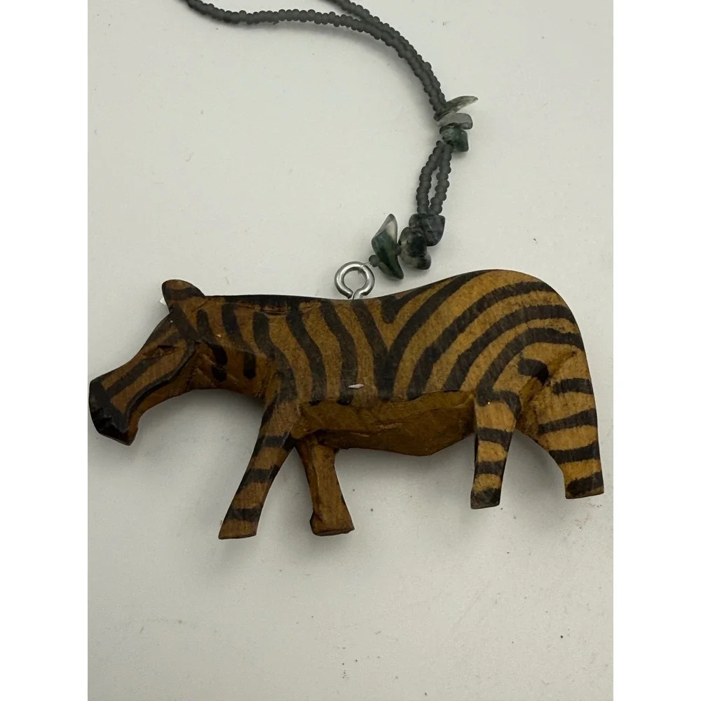 Handmade Zebra Ornament Set Carved Wood & Embroidered Metallic Fabric 2pc